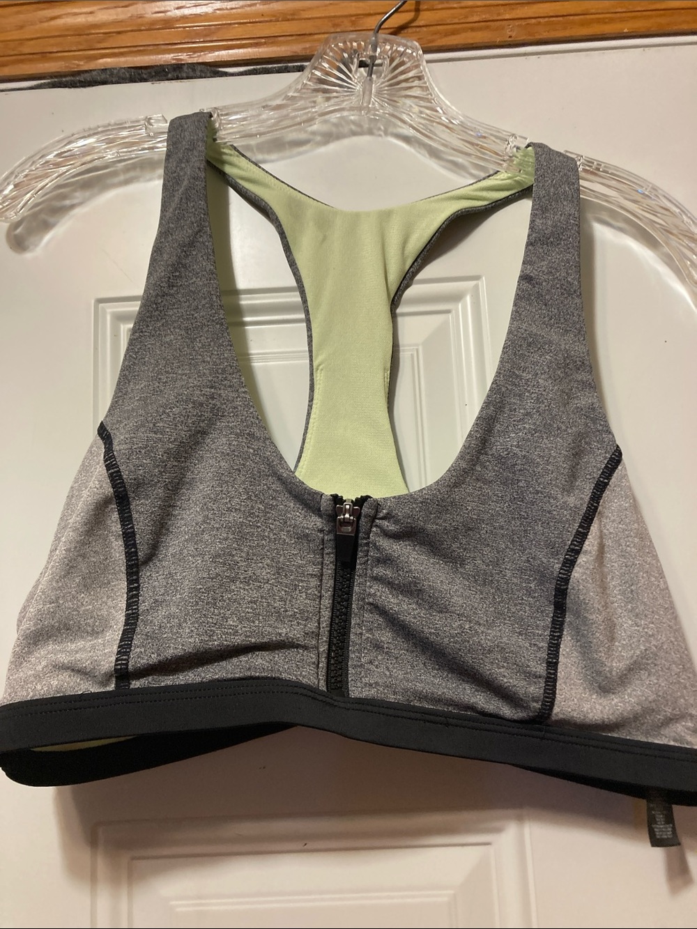Front-Zip Grey & Light Green Racerback Sports Bra XL